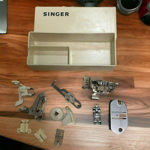 Vintage Singer Sewing Machine Attachments with White Singer Case
